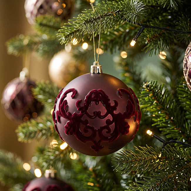 Hanging Bauble Flocked Damask Pattern Pack 3 Burgundy(10cmD)
