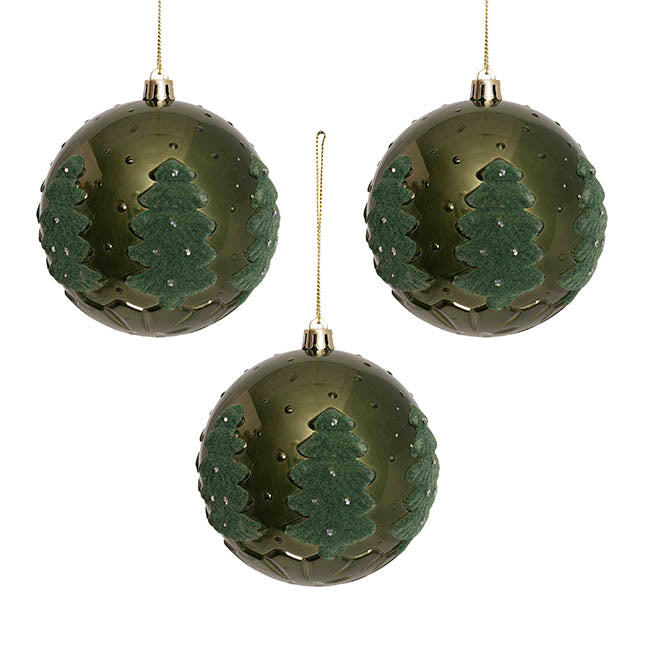 Hanging Bauble Flocked Tree Pattern Pack 3 Green (10cmD)