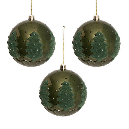 Hanging Bauble Flocked Tree Pattern Pack 3 Green (10cmD)