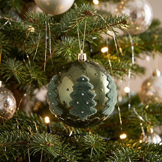 Hanging Bauble Flocked Tree Pattern Pack 3 Green (10cmD)