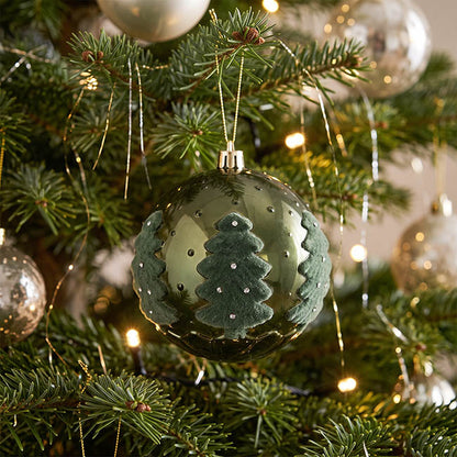 Hanging Bauble Flocked Tree Pattern Pack 3 Green (10cmD)