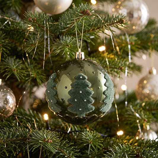 Hanging Bauble Flocked Tree Pattern Pack 3 Green (10cmD)