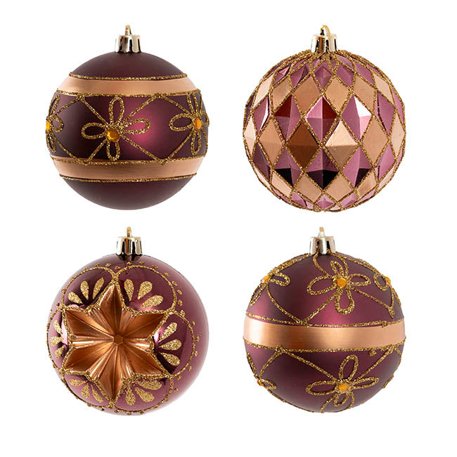 Assorted Decorative Baubles Set 12 Burgundy & Gold (8cmD)