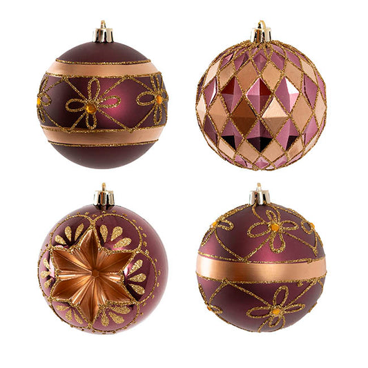Assorted Decorative Baubles Set 12 Burgundy & Gold (8cmD)