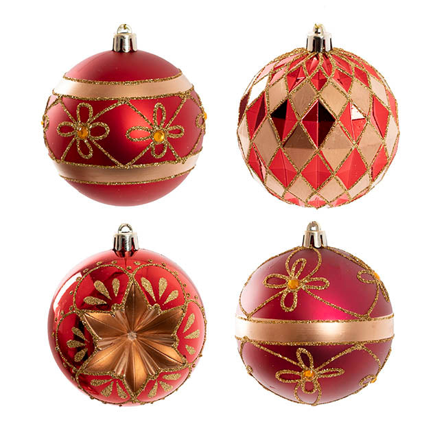 Assorted Decorative Baubles Set 12 Red & Gold (8cmD)