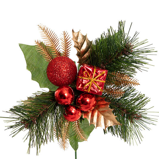 Christmas Pick w Gift & Bauble Pack 3 Red (17.5cmH)