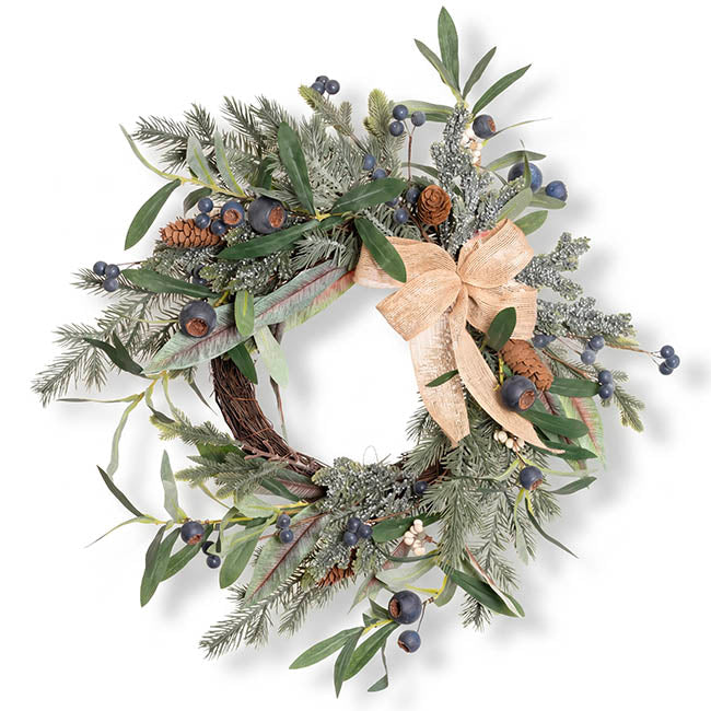 Blueberry Gumnut Pine Wreath w Jute Bow Green (45cmD)