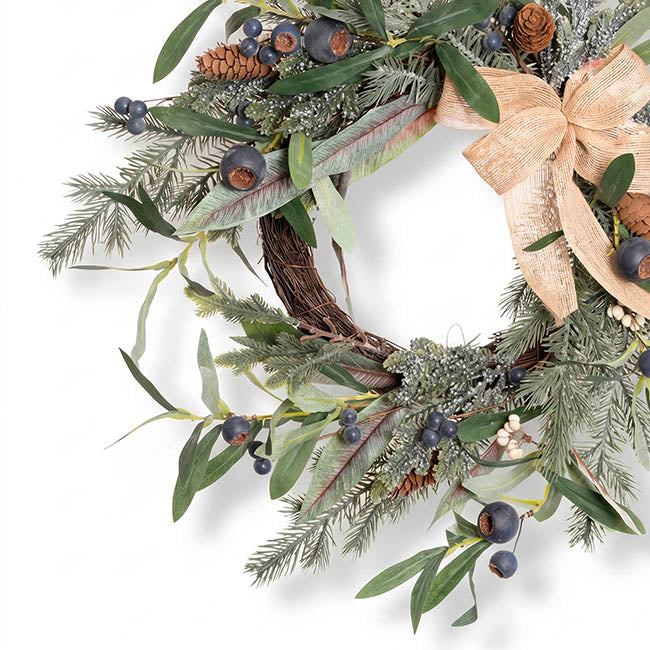 Blueberry Gumnut Pine Wreath w Jute Bow Green (45cmD)