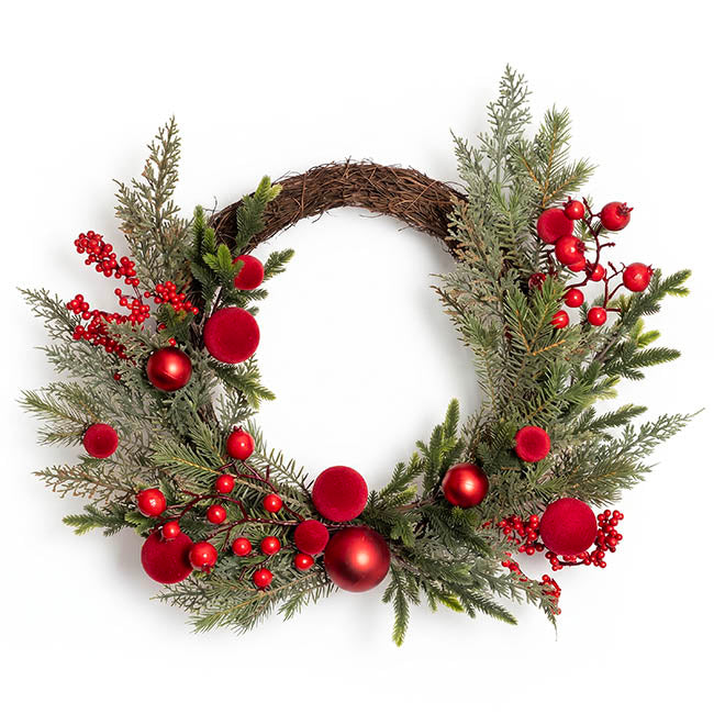 Red Berry & Bauble Festive Wreath Green (50cmD)