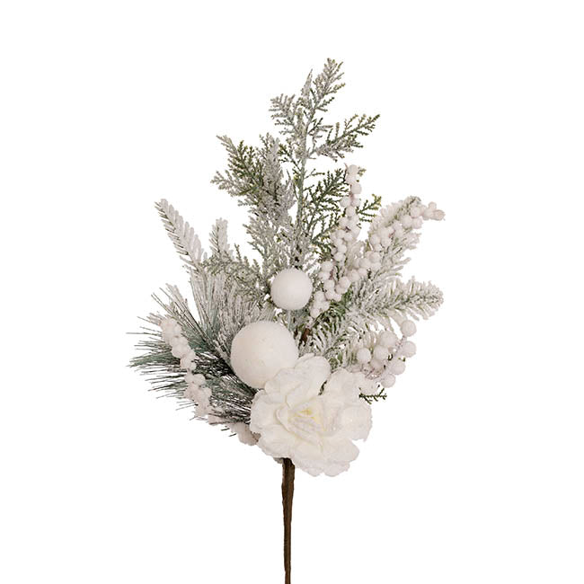 Snow Pine Flower Bauble Spray White (53cmH)
