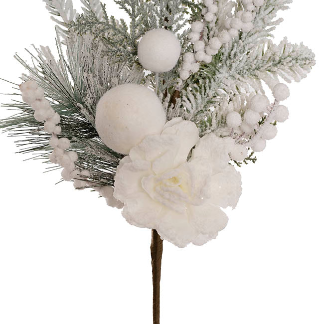 Snow Pine Flower Bauble Spray White (53cmH)