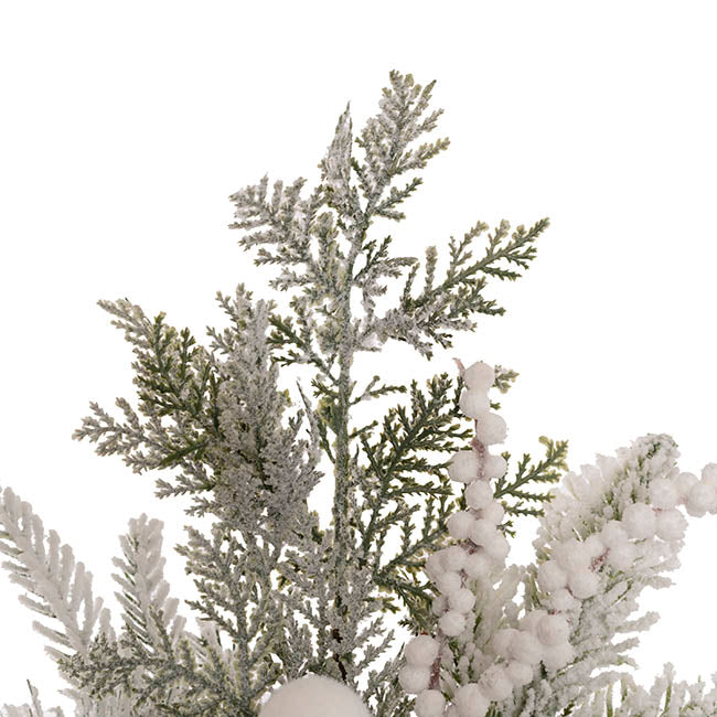 Snow Pine Flower Bauble Spray White (53cmH)