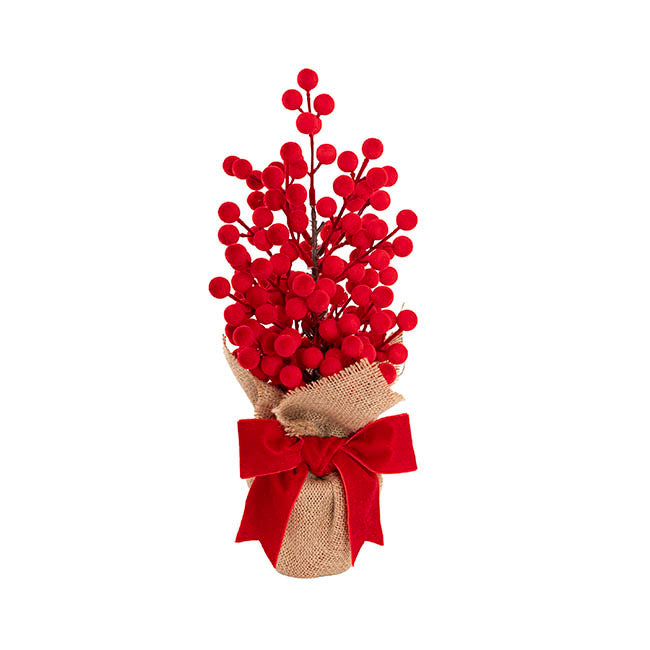 Flocked Berry Tree w Velvet Bow Red (38cmH)