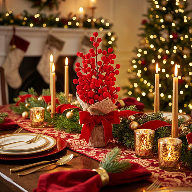 Flocked Berry Tree w Velvet Bow Red (38cmH)