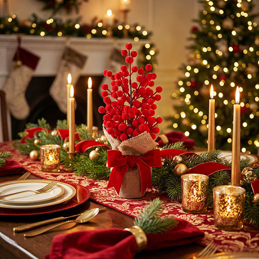Flocked Berry Tree w Velvet Bow Red (38cmH)