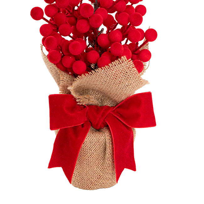 Flocked Berry Tree w Velvet Bow Red (38cmH)