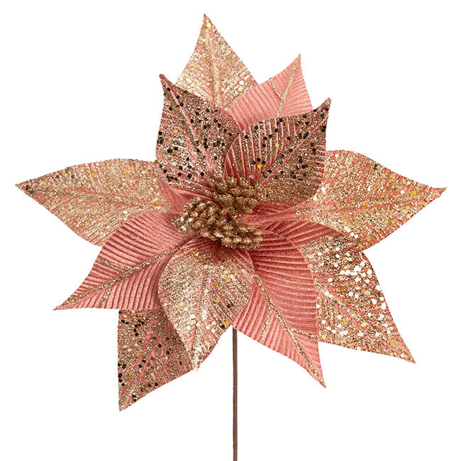 Shimmering Glitter Poinsettia Stem Rose Gold (30cmDx30cmH)