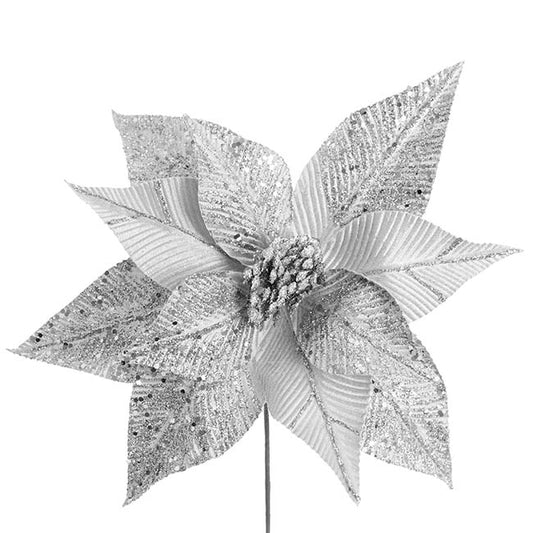 Shimmering Glitter Poinsettia Stem Silver (30cmDx30cmH)