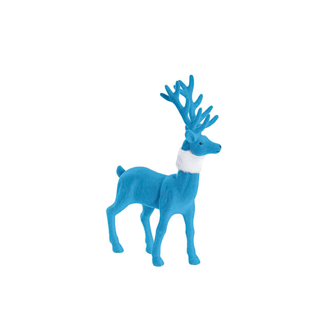 Standing Flocked Reindeer w Faux Fur Scarf Blue (37cmH)
