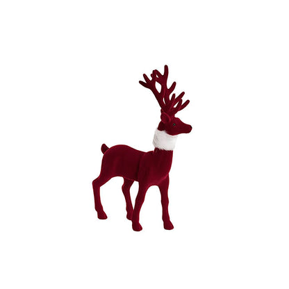 Standing Flocked Reindeer w Faux Fur Scarf Burgundy (37cmH)