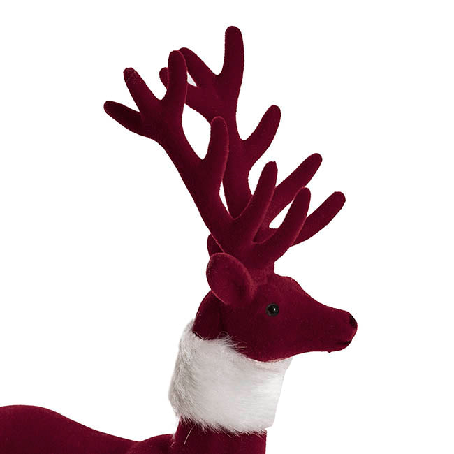Standing Flocked Reindeer w Faux Fur Scarf Burgundy (37cmH)