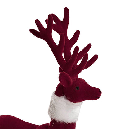 Standing Flocked Reindeer w Faux Fur Scarf Burgundy (37cmH)