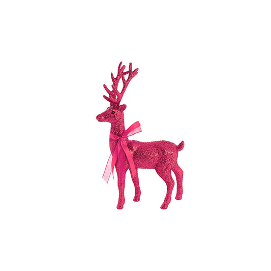 Standing Glitter Reindeer w Ribbon Dark Hot Pink (29cmH)