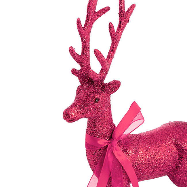 Standing Glitter Reindeer w Ribbon Dark Hot Pink (29cmH)
