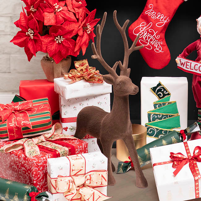 Large Standing Flocked Reindeer Brown (76cmH)