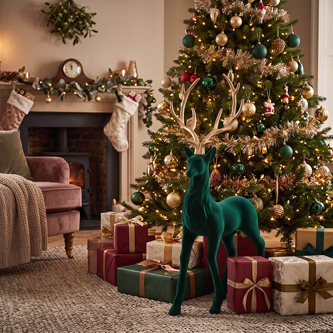 Standing Reindeer w Gold Antler Flocked Dark Green(38x85cmH)
