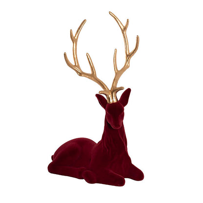 Sitting Reindeer w Gold Antler Flocked Burgundy (41x59cmH)