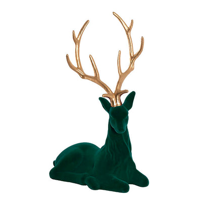 Sitting Reindeer w Gold Antler Flocked Dark Green (41x59cmH)