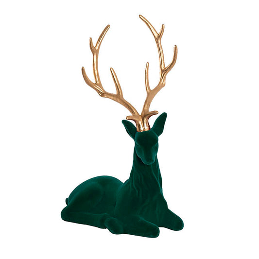 Sitting Reindeer w Gold Antler Flocked Dark Green (41x59cmH)