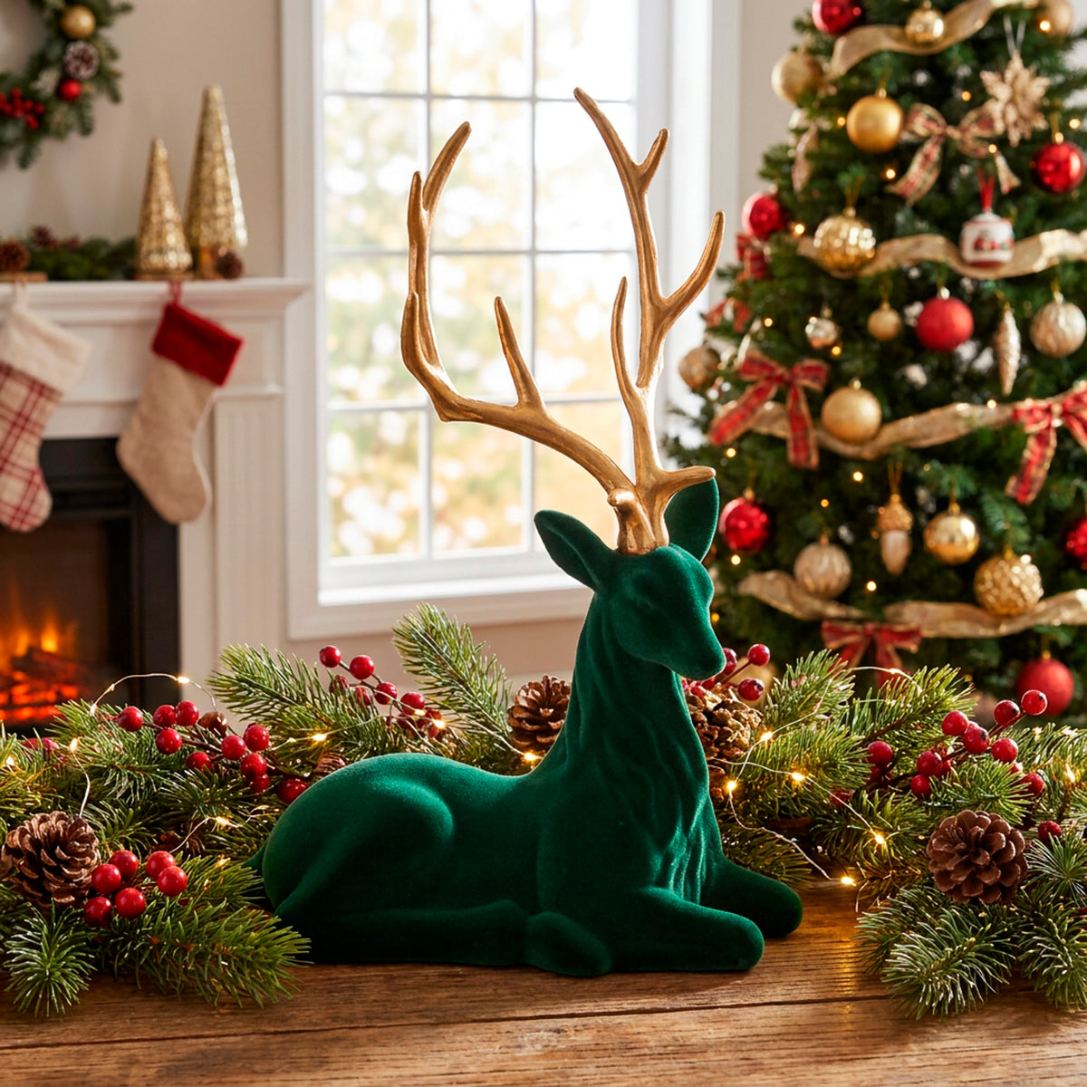 Sitting Reindeer w Gold Antler Flocked Dark Green (41x59cmH)