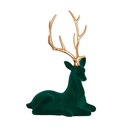 Sitting Reindeer w Gold Antler Flocked Dark Green (41x59cmH)