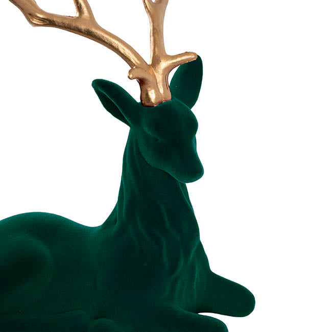 Sitting Reindeer w Gold Antler Flocked Dark Green (41x59cmH)