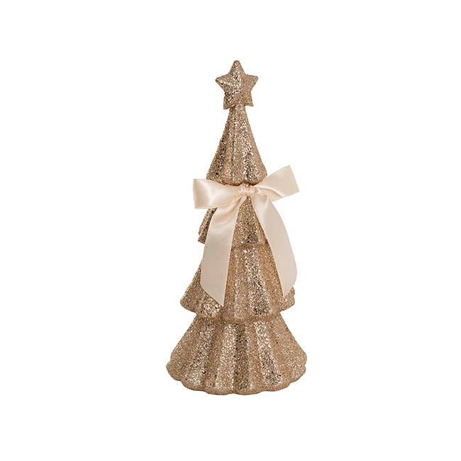 Table Christmas Tree w Bow Glitter Champagne (30.5cmH)