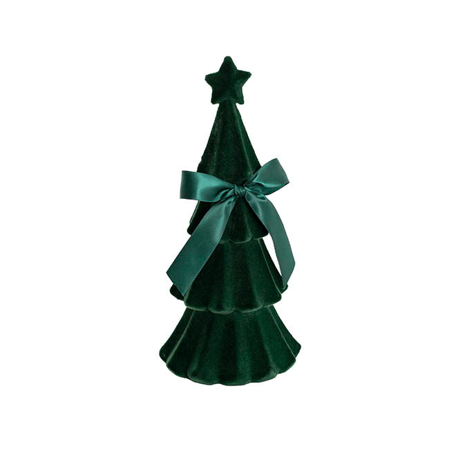 Flocked Christmas Tree w Bow Dark Green (30.5cmH)