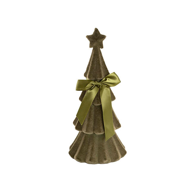 Flocked Christmas Tree w Bow Olive Green (30.5cmH)