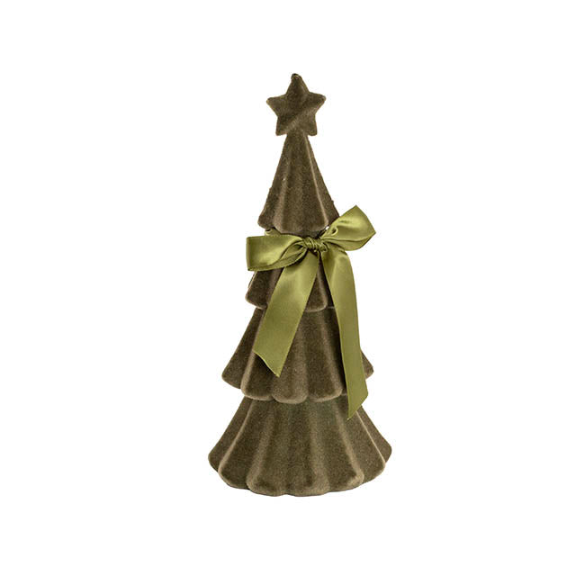 Flocked Christmas Tree w Bow Olive Green (30.5cmH)