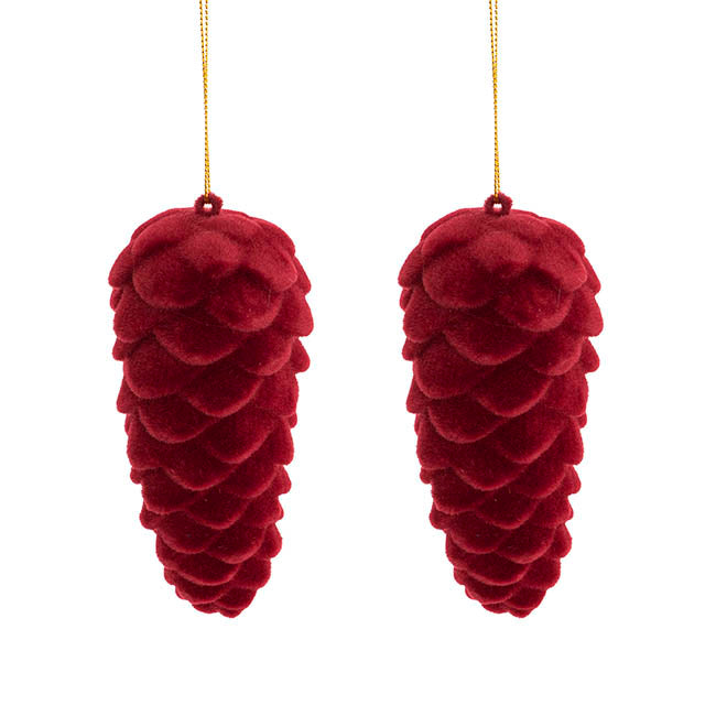 Hanging Flocked Pinecones Burgundy Pack 2 (13cmH)