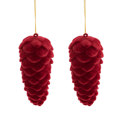 Hanging Flocked Pinecones Burgundy Pack 2 (13cmH)