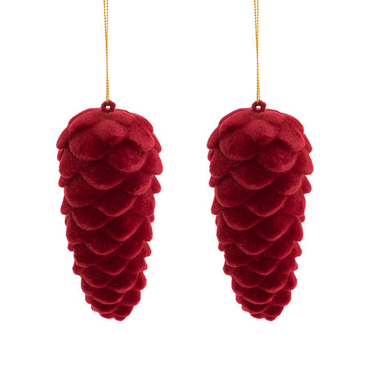 Hanging Flocked Pinecones Burgundy Pack 2 (13cmH)