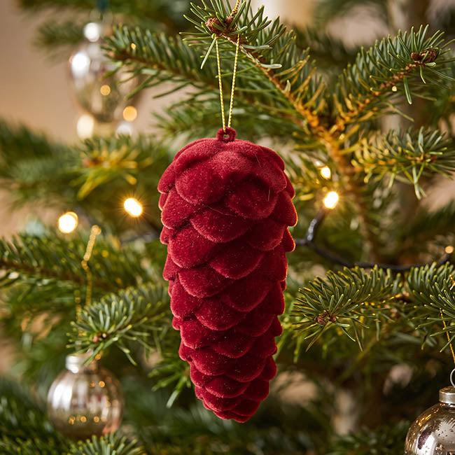 Hanging Flocked Pinecones Burgundy Pack 2 (13cmH)