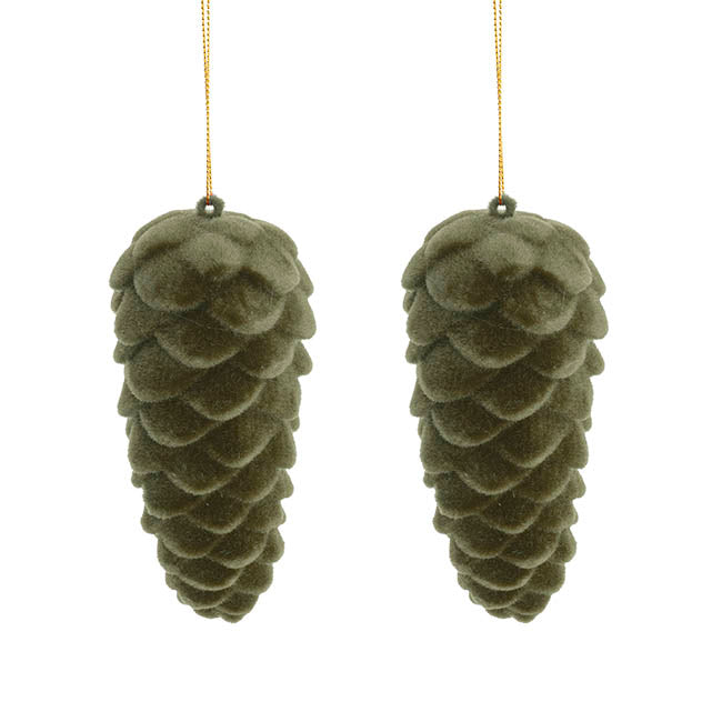Hanging Flocked Pinecones Olive Green Pack 2 (13cmH)