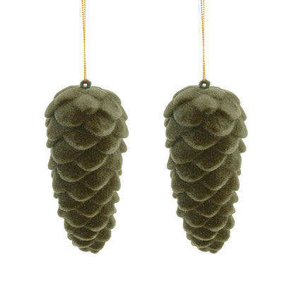 Hanging Flocked Pinecones Olive Green Pack 2 (13cmH)
