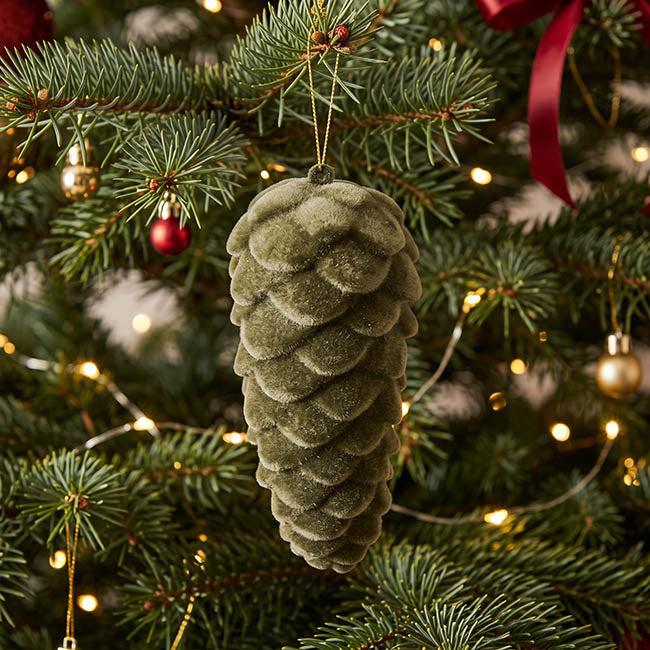 Hanging Flocked Pinecones Olive Green Pack 2 (13cmH)