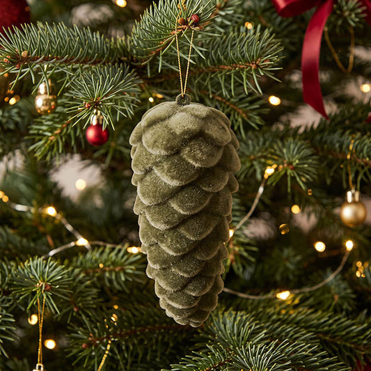 Hanging Flocked Pinecones Olive Green Pack 2 (13cmH)