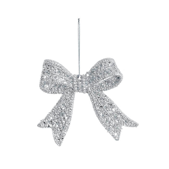 Hanging Glitter Bow Pack 2 Silver (9x10cmH)