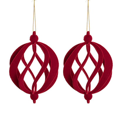 Hanging Flocked Swirl Bauble Pack 2 Dark Red (10cmD)